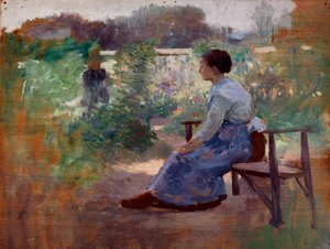 Žena sedící v zahradě, konec 19.-začátek 20. století.