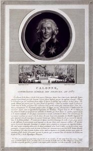 Calonne, generální kontrolor financí, v roce 1787, portrét vyrytý Charlesem Levachezem (fl. 1760-1820), se scénou Shromáždění notables od Jean Duplessis-Bertaux (1747-1819), kolem 1803 (rytina)
