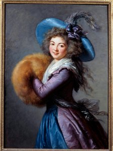 Portrét Madame Mole Reymond (1759-1833), herečky italské komedie Má na sobě klobouk s peřím a rukáv. Obraz Marie Elisabeth Louise Vigee Le brun (ou Vigee-Lebrun ou Vigee Lebrun) (1755-1842) 1786 Sun. 1,04x0,76 m - Portrét o od Elisabeth Louise Vigee Lebrun