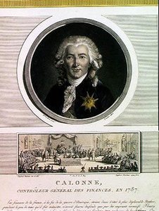 Charles Alexandre de Calonne (1734-1802) generální správce financí Ludvíka XVI. (1754-93) vyrytý Charlesem Levachezem (fl. 1760-1820) a The Assembly of the Notables, Jean Duplessi Bertau od Elisabeth Louise after Vigee Lebrun