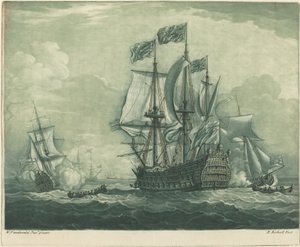 Přepravní scéna s Man-of-War od Elisha Kirkall after Willem van de Velde the Younger