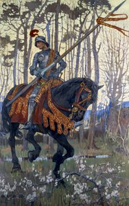 Rytíř ve zbroji projíždí lesem, ilustrace z knihy "King Arthur