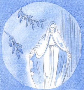 Socha v zahradě: Zde můžeme vidět otevřený přístup Panny Marie k Bohu. Vždy se Ho zeptala: "Co bys chtěl, abych udělal?", 2002 (bez papíru) od Elizabeth Wang