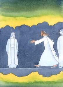 Po Kristově smrti proběhl kolem mnoha svatých lidí v podsvětí, aby pozdravil Abrahama, který uposlechl Boží výzvu, aby opustil svou zemi., 2004 (bez papíru) od Elizabeth Wang
