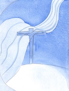 Když Kristus vylévá svou krev v Nové smlouvě, velký zlovolný vítr se přenese přes Kříž, ohrožuje a ničí, 2001 (bez papíru) od Elizabeth Wang