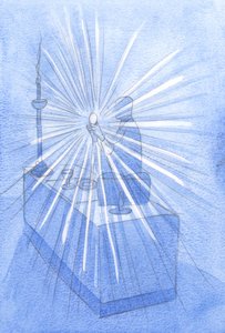 Na svátku „Corpus Christi“ (Posvátné tělo a krev Kristova) proudily z vyvýšené Hostie zářivé paprsky světla, 2001 (bez papíru na papíře) od Elizabeth Wang