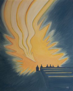 Při svatém přijímání na nás sestupuje velký plamen jako šíp, když nám Kristus přichází vstříc v síle Ducha, 2001 (olej na palubě) od Elizabeth Wang