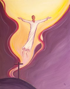 Vůlí Otce, předvěděním, plánem, souhlasem a spravedlností Kristus trpěl a zemřel a vyskočil ke svému Otci a přitáhl nás za sebou., 2001 (olej na palubě) od Elizabeth Wang