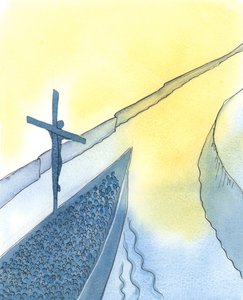 Mocí Kristovy oběti při mši svaté Kristus proniká nebesa a přivádí nás všechny blíže k Otci – stejně jako když velká loď vplouvá do ústí řeky, aby přivezla svůj drahocenný náklad domů. od Elizabeth Wang