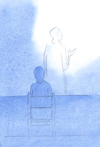 Kristus – zády ke mně – čelí Otci a před jídlem nabízí naši modlitbu díkůvzdání a milosti, 2001 (bez papíru) od Elizabeth Wang