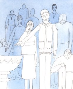 Kristus nás žádá, abychom provedli zásadní přehodnocení našich současných postojů a činů, které se týkají úcty k Němu, 2004 (w/c na papíře) od Elizabeth Wang