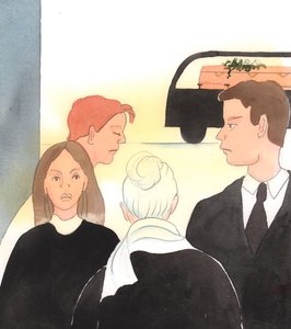Kristus má radost, když se ozveme, když lidé truchlí, nabídneme útěchu nebo se laskavě zeptáme - i když jsou to cizí lidé, 2005 (akvarel na papíře) od Elizabeth Wang