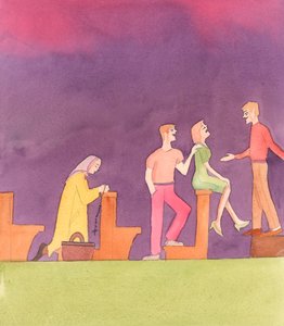 Kristus považuje za tragické, že nejhlasitější hlasy v dnešní církvi jsou často hlasy odpůrců, kteří se někdy vysmívají Kristovým "maličkým" jako "fundamentalistům" nebo staromódním a bez ostychu narušují jejich modlitby, 2005 (akvarel na papíře) od Elizabeth Wang