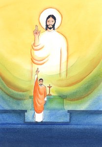 Kristus mluví a jedná prostřednictvím svých kněží, kteří žehnají a odpouštějí „in persona Christi capitis“, „v osobě Krista Hlavy“, 2002 (bez papíru) od Elizabeth Wang