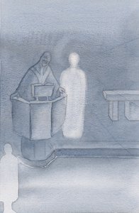 Kristus stál vedle kněze, který nám všem četl svaté evangelium, což bylo Kristovo vlastní slovo., 2000 (w/c na papíře) od Elizabeth Wang
