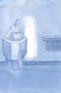 Kristus stál vedle kněze, který nám všem četl svaté evangelium, což bylo Kristovo vlastní slovo., 2000 (w/c na papíře) od Elizabeth Wang