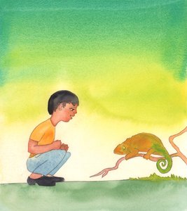 Bůh, který může způsobit úžasnou proměnu chameleona, který může změnit svou barvu, může způsobit úžasnou proměnu - ve svaté eucharistii - chleba a vína, které se stávají Kristovým Tělem a Krví, 2005 (akvarel na papíře) od Elizabeth Wang