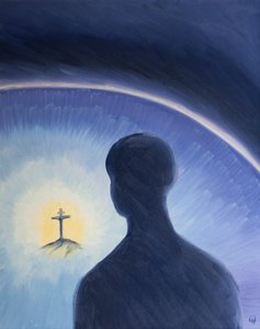 Bůh Otec shlíží s láskou a obdivem, když Kristus ochotně trpěl, aby naplnil svůj plán na záchranu hříšníků, 2003 (olej na palubě) od Elizabeth Wang