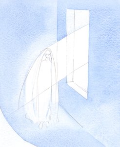 Bůh svým působením Ducha svatého způsobil, že Slovo vstoupilo do Mariina života, s jejím souhlasem, a přijalo tělo v jejím lůně., 2001 (bez papíru) od Elizabeth Wang
