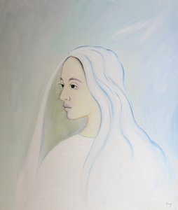 V nebi Panna Maria sdílí starost svého syna o vše, co se děje na zemi, 2000 (olej na palubě) od Elizabeth Wang