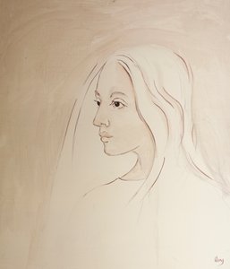 V nebi Panna Maria sdílí starost svého syna o vše, co se děje na zemi, 2000 (olej na palubě) od Elizabeth Wang
