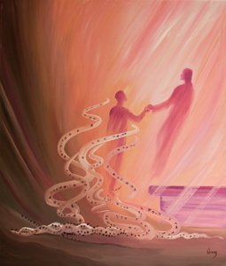 Ve svatém přijímání naše malé hříchy padají jako popel, když nás Kristus pozvedá, abychom sdíleli jeho radost, 2000 (olej na palubě) od Elizabeth Wang