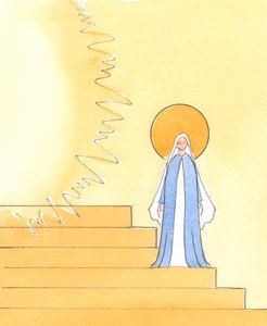 Na obrázku Nebeského dvora, kde ve slávě kraluje Bůh Otec, je naše blahoslavená Paní umístěna na schodech, které vedou k Otcovu trůnu, 2004 (bez papíru na papíře) od Elizabeth Wang