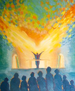 V posvátné liturgii, stejně jako v naší osobní modlitbě, spoléháme na sílu Ducha svatého, 2000 (olej na palubě) od Elizabeth Wang
