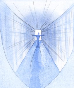 Na cestě přes umírání a smrt (jako přes světlou chodbu) nahá duše důvěřuje Duchu svatému uvnitř, 2001 (bez papíru) od Elizabeth Wang