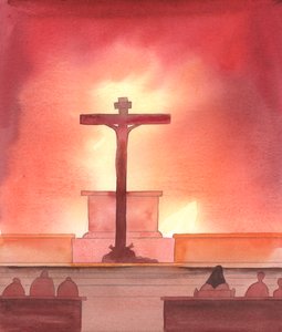 V Kristových očích je tragédií, že se mnoha katolíkům říká, že mše je pouhým jídlem - bez zmínky o Oběti, kterou přinesl na Kalvárii a která je zpřítomněna v našem svatostánku, 2005 (akvarel na papíře). od Elizabeth Wang