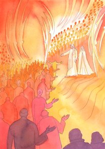 Ježíš ukřižovaný čeká u brány nebe se svou matkou Marií a svatými anděly, 2000 (bez papíru) od Elizabeth Wang