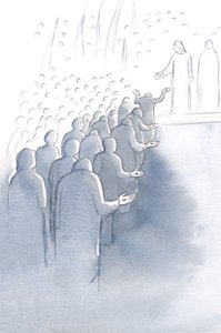 Ježíš ukřižovaný čeká u brány nebe se svou matkou Marií a svatými anděly, 2000 (bez papíru) od Elizabeth Wang