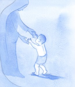 Stejně jako se Kristus neustále batolil vpřed, držen svou Matkou, tak i my můžeme chodit jako prosté důvěřivé děti, nebojácné a nadějné, 2002 (bez papíru) od Elizabeth Wang