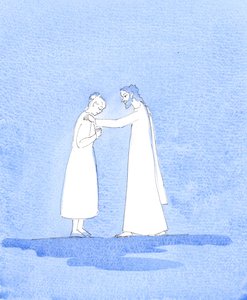 Bez ohledu na to, s jakými obtížemi se manželé setkávají, zůstává Kristovou vůlí, aby dodržovali slib, který si dali, když si slíbili, že budou toho druhého milovat a ctít "v dobrém i zlém" - s pomocí Boží, 2005 (akvarel na papíře) od Elizabeth Wang