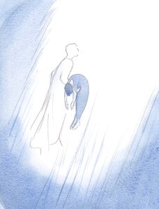 Jednou Kristus rychle objal zesnulou duši po jejím očištění a zvedl ji – jako právě narozené dítě – vysoko k Nebi., 2001 (bez papíru) od Elizabeth Wang