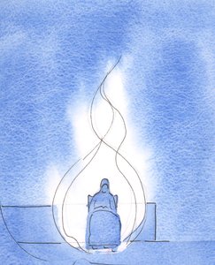 Pán vysvětlil, že skrze spojení s Kristem „hořím“ chválou, v kostele, v tiché modlitbě, 2003 (w/c na papíře) od Elizabeth Wang