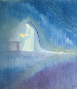 Panna Maria pečovala o své dítě Ježíše s prostotou a radostí, 2001 (olej na palubě) od Elizabeth Wang