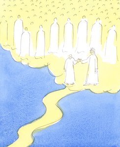 Požehnaná duše, která v lásce ke Kristu a bližnímu vytrvá až do konce, je vedena Kristem za ruku, aby se setkala s Nebeskými přáteli, kteří se shromáždili, aby ji přivítali ve své společnosti, 2004 od Elizabeth Wang