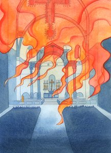 Kostel nebo katedrála, ve které se katolíci modlí, spočívá v Boží péči, 2003 (bez papíru) od Elizabeth Wang