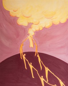 Svým nanebevstoupením poskytuje Kristus mocné spojení mezi lidskými bytostmi a Bohem, protože je pravým Bohem i pravým člověkem, 2002 (olej na palubě) od Elizabeth Wang