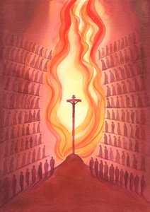 Prostřednictvím mše je každá generace Božího lidu přítomna jediné Oběti Kristu, jak je znázorněna na oltáři., 2001 (bez papíru) od Elizabeth Wang