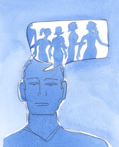 Neustále se zabývat pornografickými fantaziemi je jako žít v cizí zemi, uvězněný v požitkářství, vyhýbat se radostem a povinnostem každodenního života a "vyhýbat se" společenství s naším vše milujícím Bohem., 2004 (akvarel na papíře) od Elizabeth Wang
