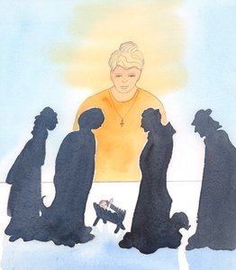 Máme právo slavit narození Ježíše Krista, užívat si betlémů a dalších tradic, ale především musíme pomáhat potřebným na počest toho, který nám přišel pomoci v nouzi, když jsme byli uvězněni ve svých hříších, 2004 (akvarel na papíře). od Elizabeth Wang