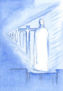 S Kristem se můžeme setkat v Nejsvětější svátosti na oltáři; v Jeho osobě a Jeho přítomnosti se můžeme dotknout každé etapy Kristova života, 2001 (bez papíru) od Elizabeth Wang