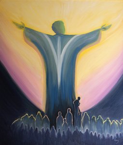 Můžeme spojit všechny své úmysly s Kristovou mocnou modlitbou při mši, schovat se za jeho roucho, důvěřovat Jeho zásluhám, 2000 (olej na palubě) od Elizabeth Wang