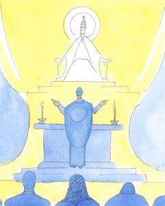 Když se kněz a lidé při mši svaté tváří stejným směrem, všichni se společně dívají na Otce, aby Ho chválili skrze Krista., 2004 (bez papíru) od Elizabeth Wang