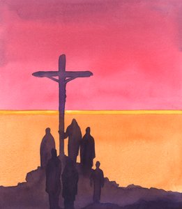 Když Kníže života visel na stromě a říkal "Otče, odpusť jim", zůstalo u něj několik soucitných diváků, 2005 (akvarel na papíře) od Elizabeth Wang