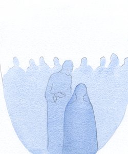 Když bylo dítě Ježíš nalezeno v chrámu, naklonil se dopředu a tiše vysvětlil své svaté Matce (s nekonečnou laskavostí), že jeho dílo již začalo., 2001 (bez papíru) od Elizabeth Wang