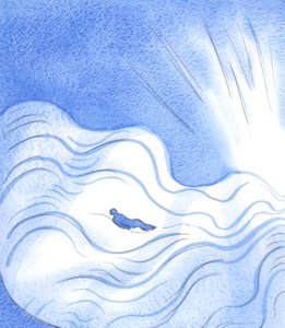 Kdokoli důvěřuje v Boha, může se „vidět“ nikoli jako topící se v Boží svatosti, ale jako unášený oceánem soucitu, 2002 (bez papíru) od Elizabeth Wang