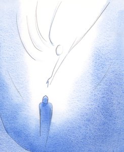 V plášti Panny Marie je radostná duše napájena Kristem, osvícena Jeho Duchem a vybízena, aby se podívala vzhůru k Otci, 2002 (bez papíru na papíře) od Elizabeth Wang